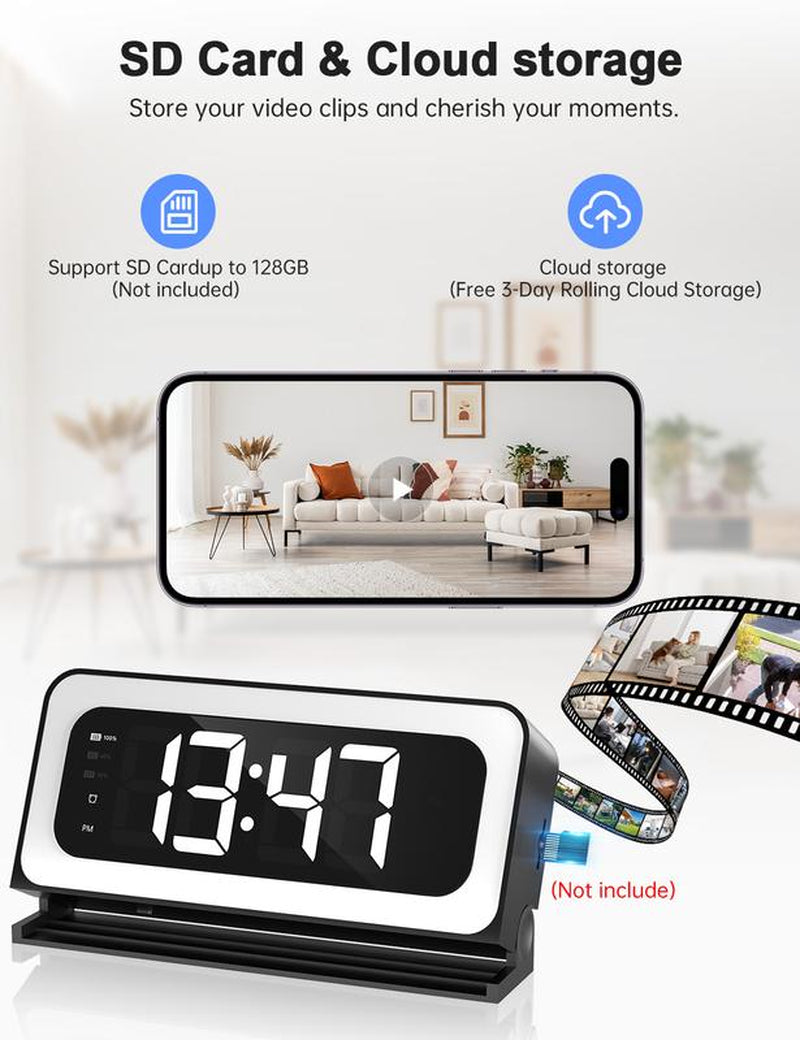 Wifi Surveillance Camera - 1080P HD Wireless Camera Clock , Night Vision, Motion Detection, Loop Recording, 2.4Ghz Wifi Connectivity, Battery Powered, Remote Real-Time Viewing, Perfect for Home, Office, Warehouse Monitoring