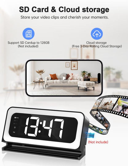 Wifi Surveillance Camera - 1080P HD Wireless Camera Clock , Night Vision, Motion Detection, Loop Recording, 2.4Ghz Wifi Connectivity, Battery Powered, Remote Real-Time Viewing, Perfect for Home, Office, Warehouse Monitoring