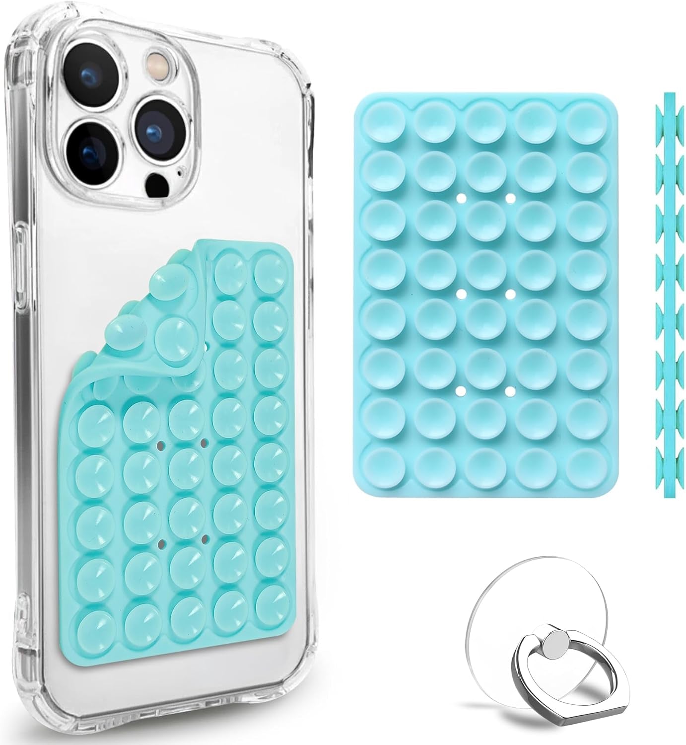 Suction Cup Mount, Double Sided Silicone Case, Sticky Grip for Iphone and Android, Hands-Free Fidget Toy Mirror Shower Phone Holder for Selfies and Videos (Baby Blue)