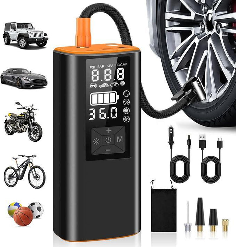 Portable Tire Inflator 150PSI High-Pressure Smart ON/OFF Hose Design Lightweight Cordless 4+N Autostop Modes Pump for Cars Bicycles Motorcycles & Balls with USB Cable and Nozzles Automotive Vehicle Tool