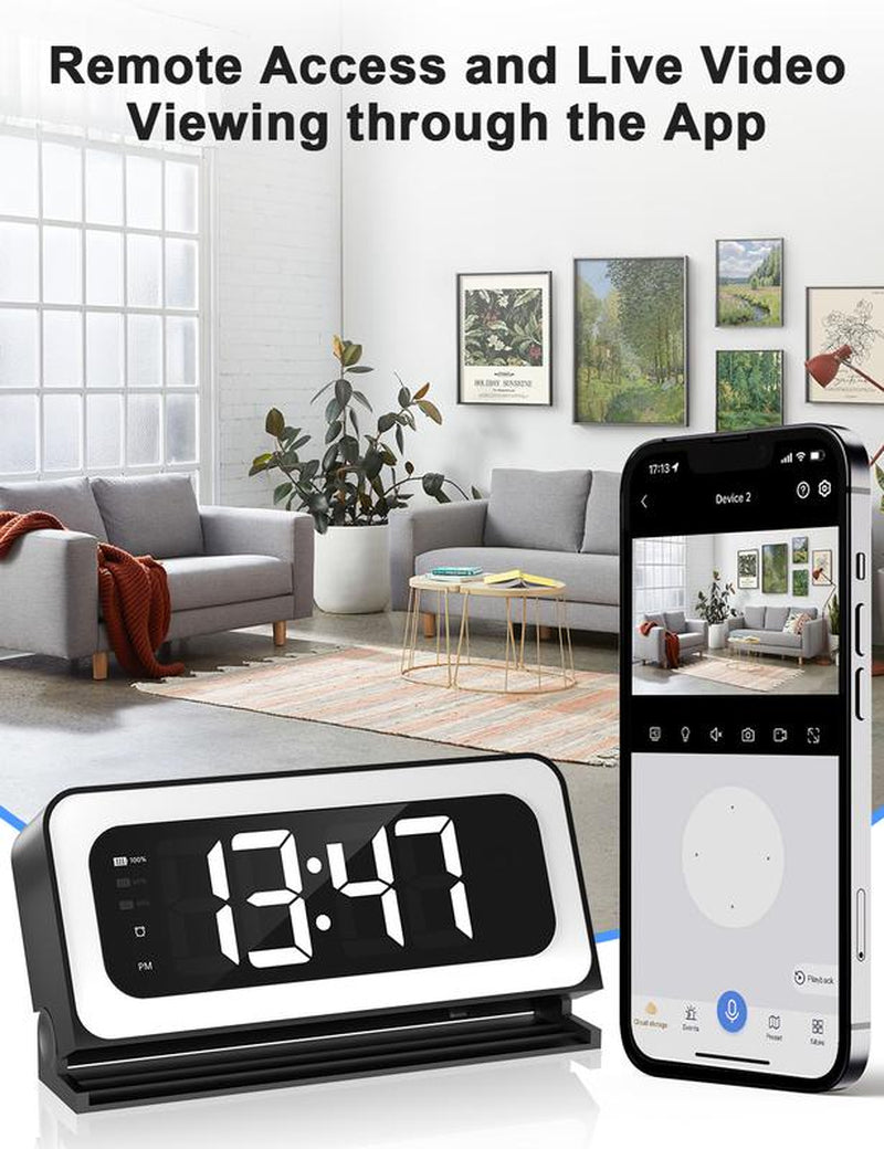 Wifi Surveillance Camera - 1080P HD Wireless Camera Clock , Night Vision, Motion Detection, Loop Recording, 2.4Ghz Wifi Connectivity, Battery Powered, Remote Real-Time Viewing, Perfect for Home, Office, Warehouse Monitoring
