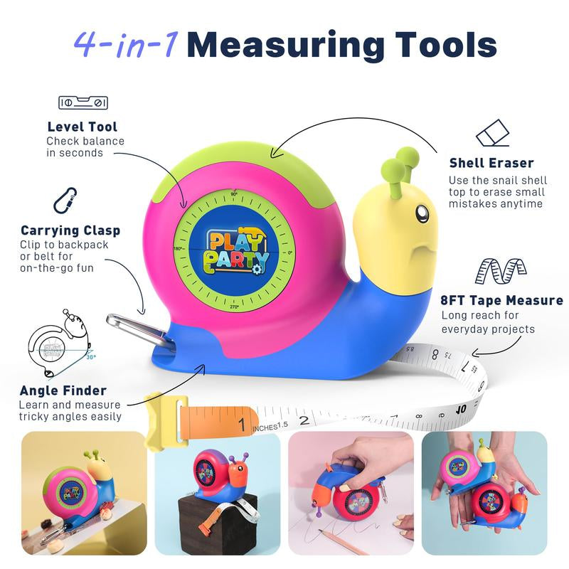 8FT Tape Measure for Kids, STEM Educational Tool with Level, Protractor and Eraser, Retractable Snail Shaped Measuring Tapes, Child-Safe Gift for Boys & Girls 3+
