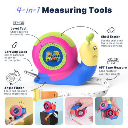 8FT Tape Measure for Kids, STEM Educational Tool with Level, Protractor and Eraser, Retractable Snail Shaped Measuring Tapes, Child-Safe Gift for Boys & Girls 3+