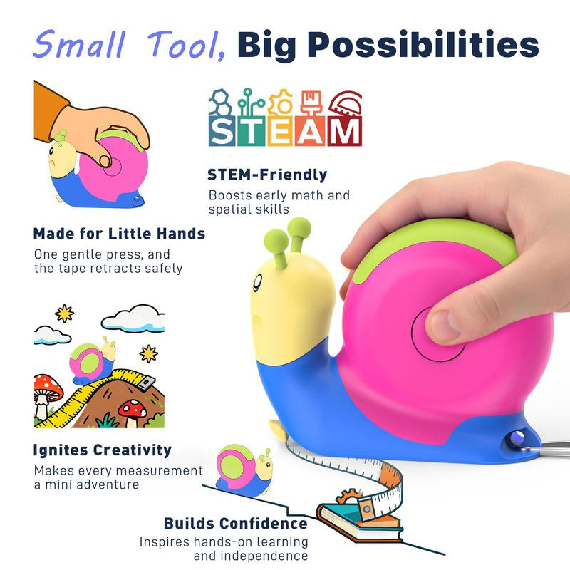 8FT Tape Measure for Kids, STEM Educational Tool with Level, Protractor and Eraser, Retractable Snail Shaped Measuring Tapes, Child-Safe Gift for Boys & Girls 3+