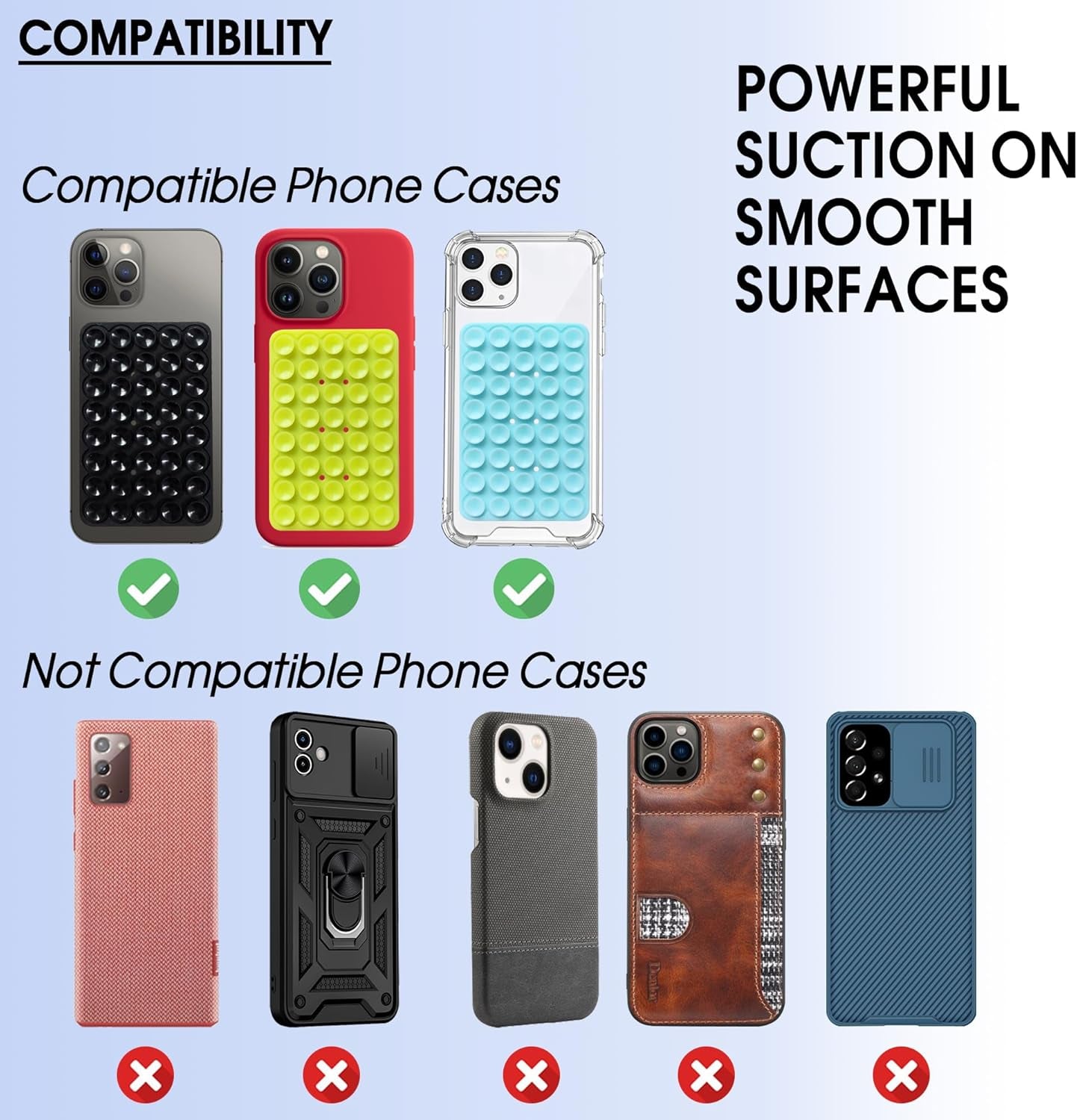 Suction Cup Mount, Double Sided Silicone Case, Sticky Grip for Iphone and Android, Hands-Free Fidget Toy Mirror Shower Phone Holder for Selfies and Videos (Baby Blue)