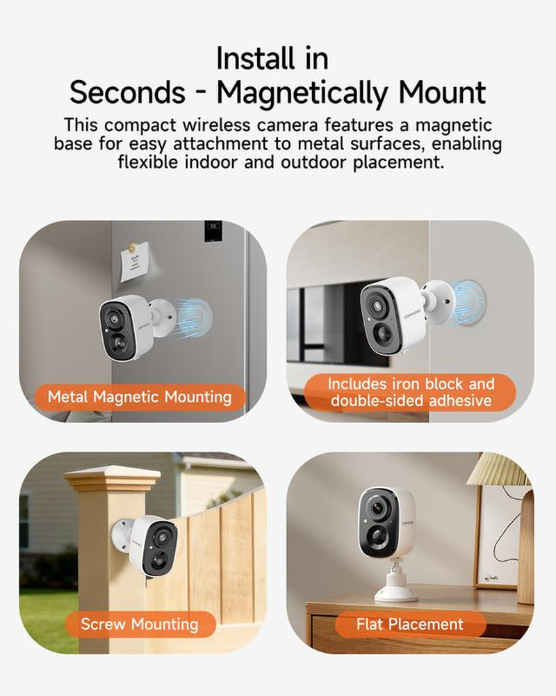 【FLASH SALES】CINMOORE Outdoor/Indoor Magnetic Wireless Camera 2.5K Free Install Smart Garage Security Camera – HD Video, Night Vision, Motion Detection, Magnetic, Wi-Fi, Two-Way Audio, Smartphone Control Lens
