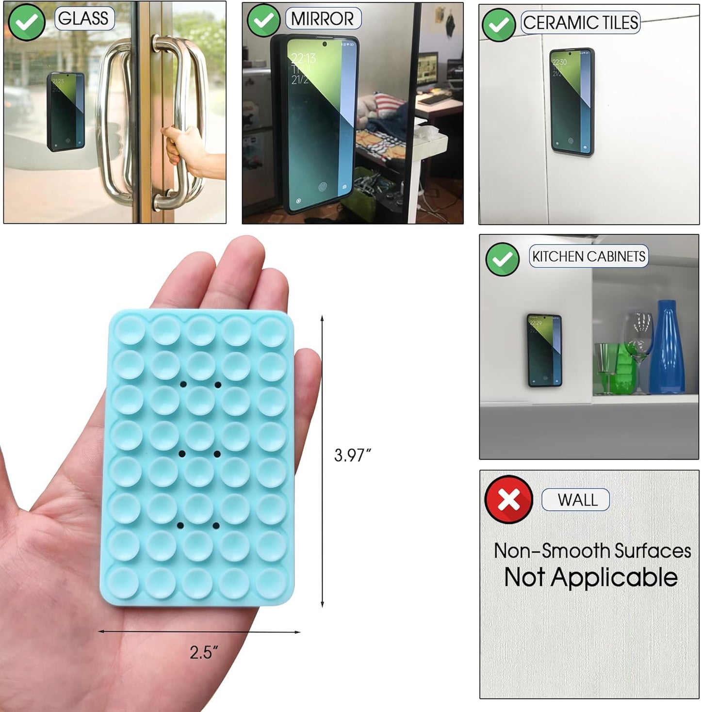 Suction Cup Mount, Double Sided Silicone Case, Sticky Grip for Iphone and Android, Hands-Free Fidget Toy Mirror Shower Phone Holder for Selfies and Videos (Baby Blue)