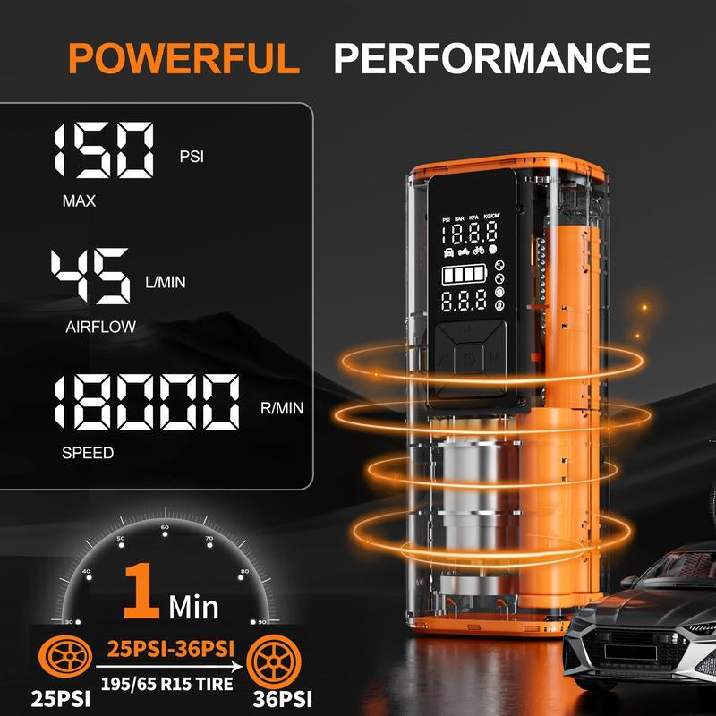 Portable Tire Inflator 150PSI High-Pressure Smart ON/OFF Hose Design Lightweight Cordless 4+N Autostop Modes Pump for Cars Bicycles Motorcycles & Balls with USB Cable and Nozzles Automotive Vehicle Tool